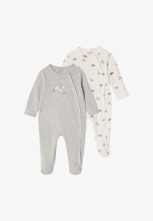 Two long-sleeve baby onesies, one gray with a bunny on wheels print, the other white with small animal and vehicle patterns.