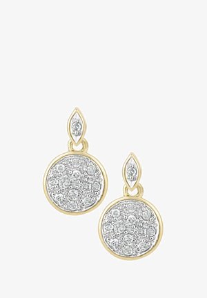 Okrogli srebrni uhani z teksturirano površino, okrašeni s prozornimi kamni, na vrhu pa imajo zlati poudarek v obliki lista.