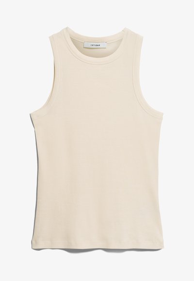 Ärmlös ljusbeige linne i ribbad tyg, med rund halsringning och en ren, minimalistisk design.