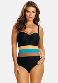 Czarna biustonosz bikini z marszczonym środkiem, z wielokolorowym, paskowanym dołem o wysokim stanie w kolorach pomarańczowym, turkusowym i brązowym.