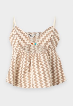 Top sans manches beige et marron à motif zigzag avec fines bretelles et petites perles colorées à l'encolure avant.