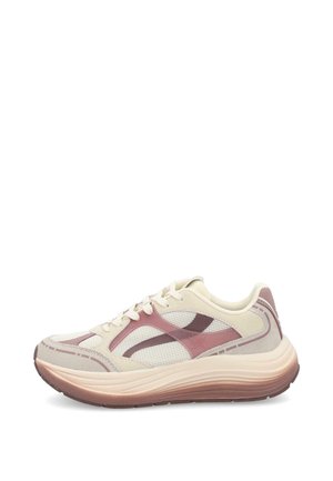 Scarpa sportiva beige e rosa con inserti in mesh e sintetici, suola spessa sfumata e chiusura con lacci, mostrata di profilo su sfondo bianco.