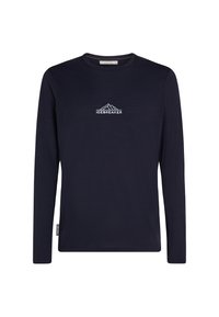 Camicia a maniche lunghe blu navy realizzata in un morbido tessuto, con una grafica montuosa e il testo "ICEBREAKER" in bianco sul petto. Texture liscia, collo a giro.