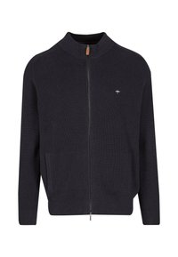 Marineblaue, gerippte Reißverschluss-Strickjacke mit hohem Kragen, zwei Seitentaschen und kleinem Logo auf der Brust. Verfügt über eine glatte Textur und elastische Bündchen.