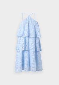 Krajkované šaty v svetlomodrej farbe, s viacvrstvovým dizajnom a tenkými ramienkami. Tkanina má kvetinový vzor a rozšírený strih.