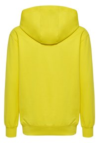 Felpa con cappuccio a maniche lunghe di colore giallo brillante con cappuccio ampio, polsini e orlo a costine, vista da dietro su sfondo bianco.