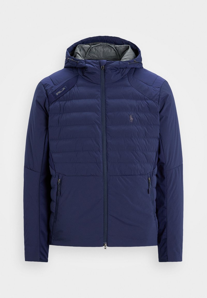 Navy blue quilted jacket with hood, front zipper, zippered side pockets, RLX patch on shoulder, and embroidered logo on chest.