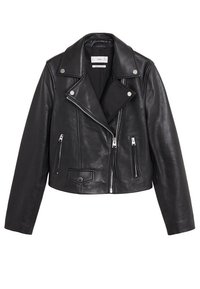 Veste en cuir noir de style biker avec fermeture éclair asymétrique à l'avant, deux poches zippées, col à pression et manches longues.