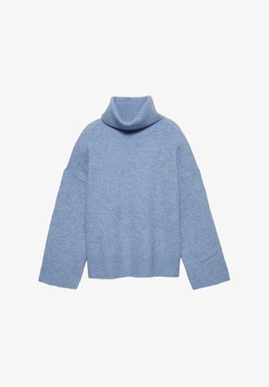 Blauer Rollkragenpullover aus weichem Material, mit geripptem Kragen, weiten Ärmeln und einem cropped Saum. Glatte Oberfläche mit minimalistischem Design.