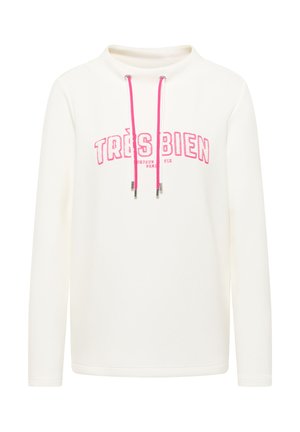 Sudadera con capucha blanca de manga larga con cordones rosas y texto rosa "TRÈS BIEN" sobre un texto más pequeño "BONJOUR PARIS VIE" en el pecho.