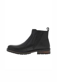 Botas de cuero negras hasta el tobillo con cremallera lateral, punta redonda y superficie texturizada, con una suela duradera y una pequeña pestaña en la parte posterior.