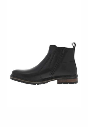 Botas de cuero negras hasta el tobillo con cremallera lateral, punta redonda y superficie texturizada, con una suela duradera y una pequeña pestaña en la parte posterior.