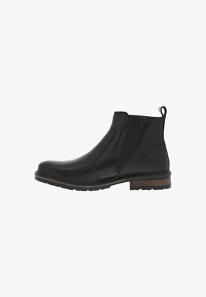 Botas de cuero negras hasta el tobillo con cremallera lateral, punta redonda y superficie texturizada, con una suela duradera y una pequeña pestaña en la parte posterior.