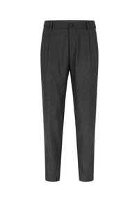 Pantaloni grigi su misura in tessuto intrecciato, con fronte piatto, pieghe e chiusura con un singolo bottone in vita. Silhouette a gamba dritta.