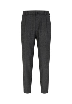 Graue maßgeschneiderte Hose aus gewebtem Stoff, mit flacher Vorderseite, Falten und einem einzelnen Knopfverschluss an der Taille. Gerade Beinform.