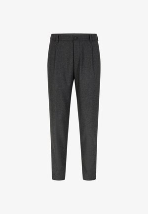 Grey tailored trousers made of woven fabric, featuring a flat front, pleats, and a single button closure at the waist. Straight leg silhouette.