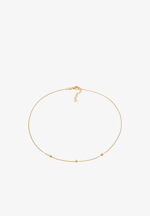 Collar de cadena de oro con un diseño de eslabones finos texturizados y tres pequeñas cuentas redondas. Presenta un cierre de langosta y una longitud de cadena ajustable.
