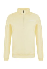 Fleece-pullov, ljusgul, kvartssäkrad hals, långa ärmar, ribbade manschetter och nederkant, med broderad logotyp på bröstet.
