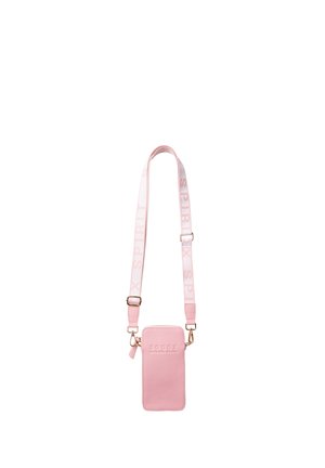 Small rectangular pink crossbody bag with adjustable strap featuring the word "SPIRIT" in light pink and shiny gold hardware.