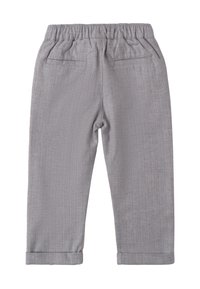 Pantaloni grigi a righe con vita elasticizzata, due tasche posteriori e orli a costine. Tessuto morbido e design sartoriale per un aspetto aderente.