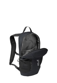 Schwarzer Rucksack mit Reißverschluss, seitlichen Netztaschen und gepolsterten Schultergurten. Das Innere ist mit einem grauen Futter und einer Organisationsstasche ausgestattet.