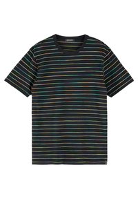 Kortærmet sort t-shirt med horisontale multikolor striber, rund halsudskæring, blødt tekstil og et mærke nederst til venstre.
