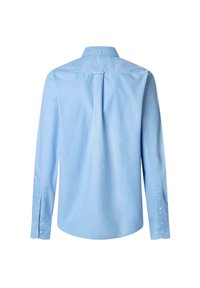 Light blue long-sleeve shirt with a button-down collar, back pleat detail, and buttoned cuffs. Smooth fabric with a simple, solid design.