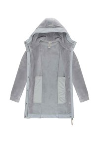 Giacca a vento grigia chiara con esterno liscio e fodera in morbido corduroy. Presenta chiusure a scatto e due tasche frontali.