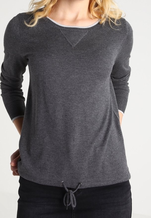 Gray long-sleeve sweatshirt with a drawstring hem, contrasting neckline, and soft texture. Features a relaxed fit.