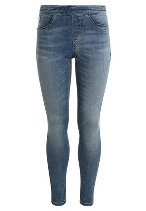 Niebieskie, dopasowane dżinsy z wytartym wykończeniem, z dwoma przednimi kieszeniami i dopasowanym krojem. Posiadają żółte przeszycia wzdłuż szwów.