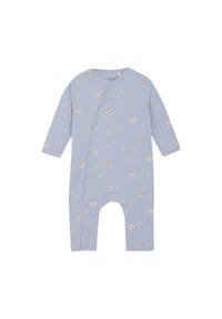 Lichtblauwe katoenen romper met lange mouwen, met een bloemenpatroon in wit en beige. Inclusief drukknoopsluiting.