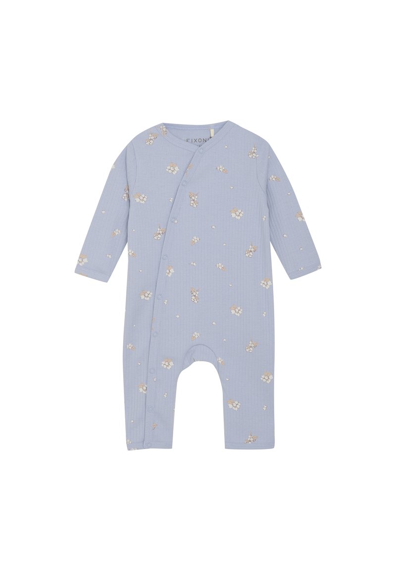 Lichtblauwe katoenen romper met lange mouwen, met een bloemenpatroon in wit en beige. Inclusief drukknoopsluiting.