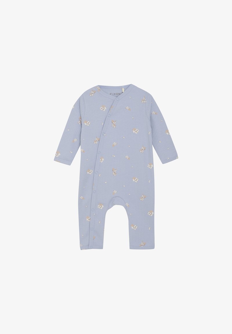Lichtblauwe katoenen romper met lange mouwen, met een bloemenpatroon in wit en beige. Inclusief drukknoopsluiting.