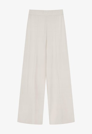 Wide-leg pants in a light cream color, featuring a high waist, soft fabric, and front pleats for added texture and flow.