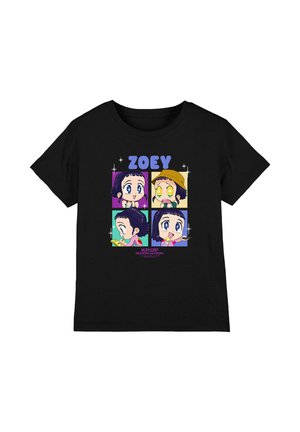 Black T-shirt featuring four colorful cartoon panels of a girl named Zoey with varied expressions and "Kpop Demon Hunters" text below.