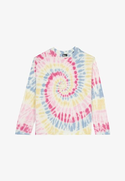 T-shirt à manches longues en tie-dye dans des couleurs pastel de rose, jaune et bleu avec un motif en spirale ; fabriqué en tissu doux ; encolure ras du cou.