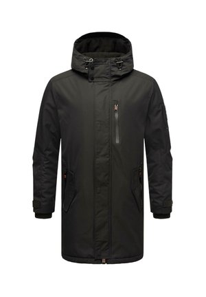Parka impermeabile nera con cappuccio, chiusura zip sul davanti e tasche laterali. Presenta polsini elasticizzati e un interno foderato in fleece per maggiore calore.