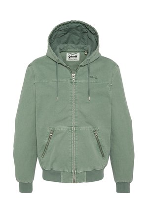 Veste zippée à capuche verte avec poignets et ourlet côtelés, poches zippées avant et cordons de serrage sur la capuche.