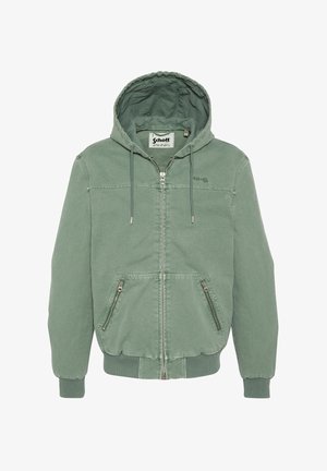 Veste zippée à capuche verte avec poignets et ourlet côtelés, poches zippées avant et cordons de serrage sur la capuche.