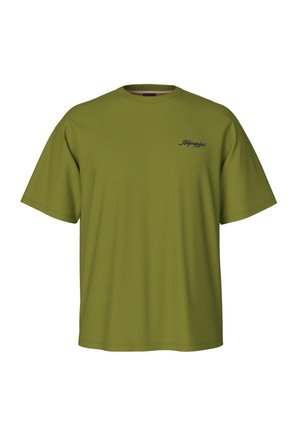 T-shirt verde oliva a maniche corte con collo rotondo e piccolo logo in corsivo nero sul petto a sinistra.