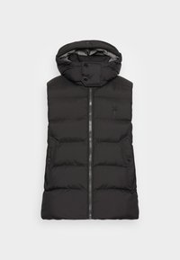 Gilet imbottito nero con cappuccio, caratterizzato da una chiusura frontale con zip, due tasche laterali e dettagli con bottoni. Realizzato in tessuto liscio e leggero.