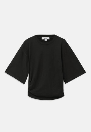 Black short-sleeve t-shirt made of soft cotton, featuring a round neckline and a relaxed fit with a subtle gathered detail at the side.