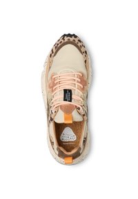 Beige leather sneaker with animal print accents, orange tongue tab, pink laces, cork insole, and a speckled outsole.