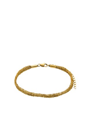 Bransoletka ze splotem w kolorze złota z zapięciem typu lobster i regulowanym łańcuszkiem przedłużającym na białym tle.