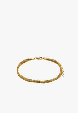 Bransoletka ze splotem w kolorze złota z zapięciem typu lobster i regulowanym łańcuszkiem przedłużającym na białym tle.