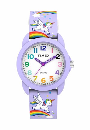 Detské fialové hodinky s farebnými číslami, označenými ručičkami pre hodiny a minúty a dizajnom jednorožca a dúhy na remienku.