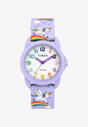 Ceas mov pentru copii cu cifre multicolore, acele orei și minutului etichetate și un design cu unicorn și curcubeu pe curea.