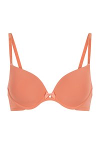 Slät korallfärgad vadderad bh med bygel, justerbara tunna axelband och en liten rosett med en ädelsten i mitten fram.