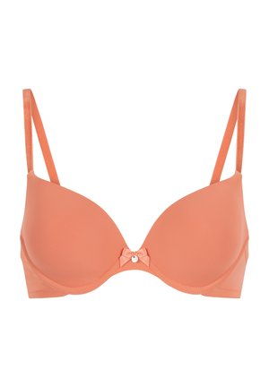 Zachte koraalkleurige beha met beugel, verstelbare dunne bandjes en een klein strikje met een juweel in het midden voor.