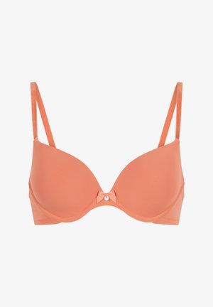 Soutien-gorge rembourré lisse en corail avec armatures, bretelles fines réglables et petit nœud avec un bijou au centre avant.